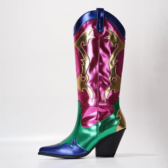 Women's Multicolor Metallic Mid Calf Western Pointed Toe Comfortable Heel Boots - Picture 3 of 6